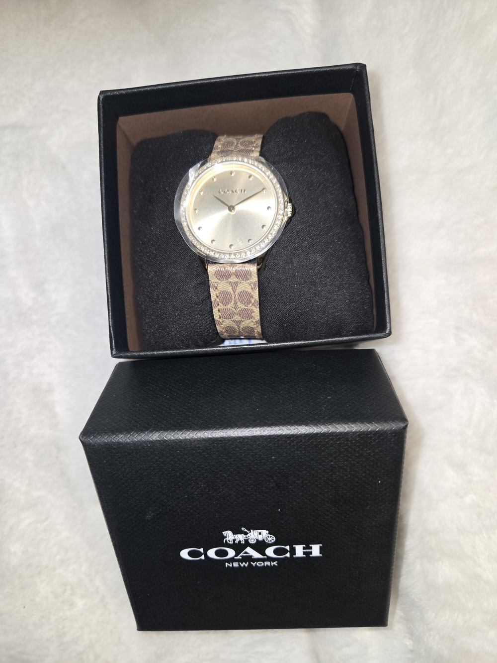 Coach Women's Tan Signature Fabric Strap Watch with Gold Dial